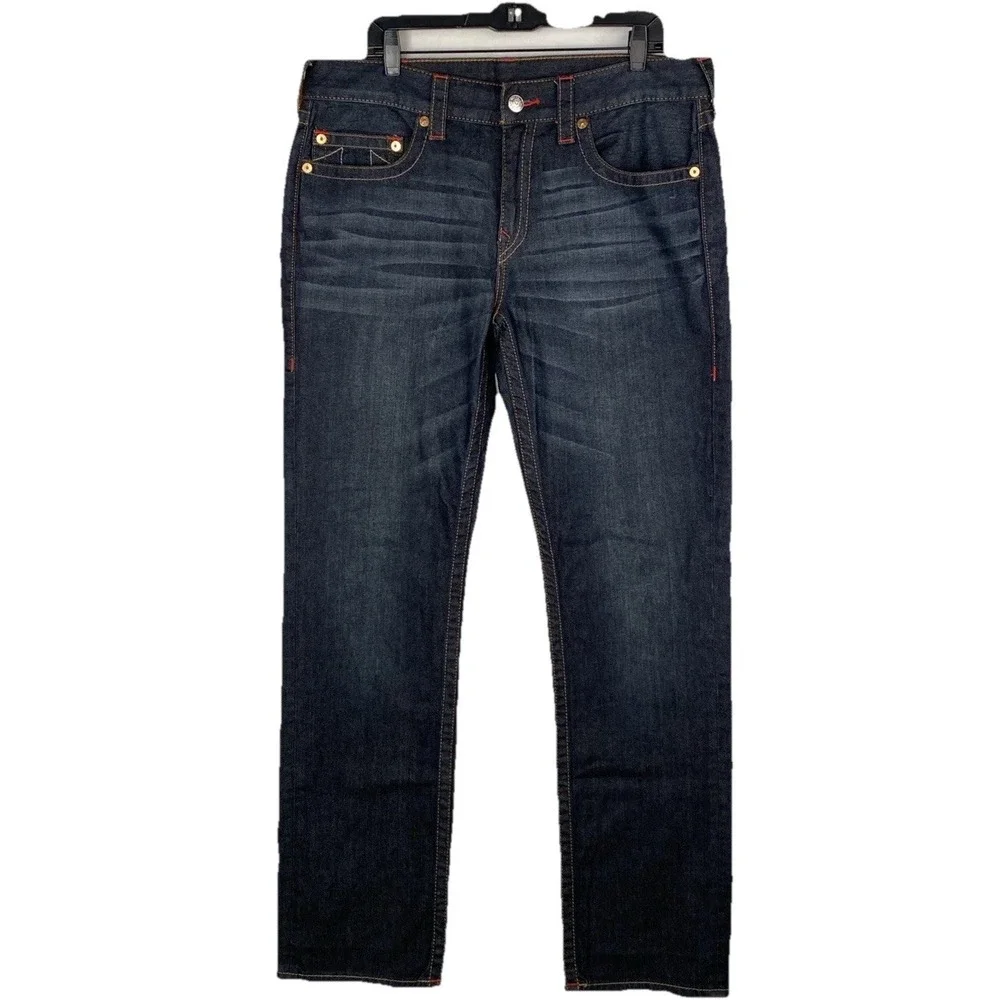 True Religion Jeans Men 36 33Straight Dark‎ Wash Red Stitching Plus Red TR Hat